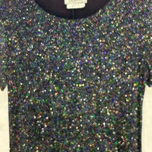 Vintage Black Glitter Midi Dress size 10 New Years Sparkle‎ Short Sleeve Party